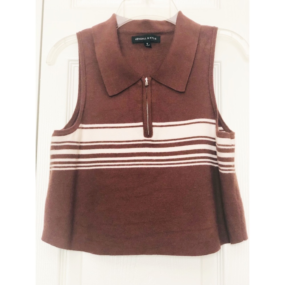 Kendall & Kylie Brown and White Sleeveless Striped Crop Top w/ Zip Front Closure